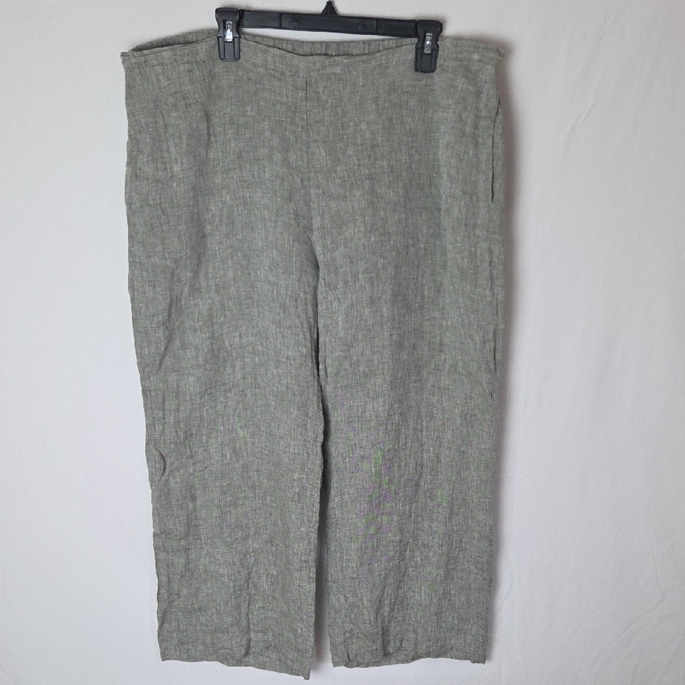 Flax Women's Gray Wide Leg Lagenlook Elastic Waist Pockets Linen Pants Sz Large